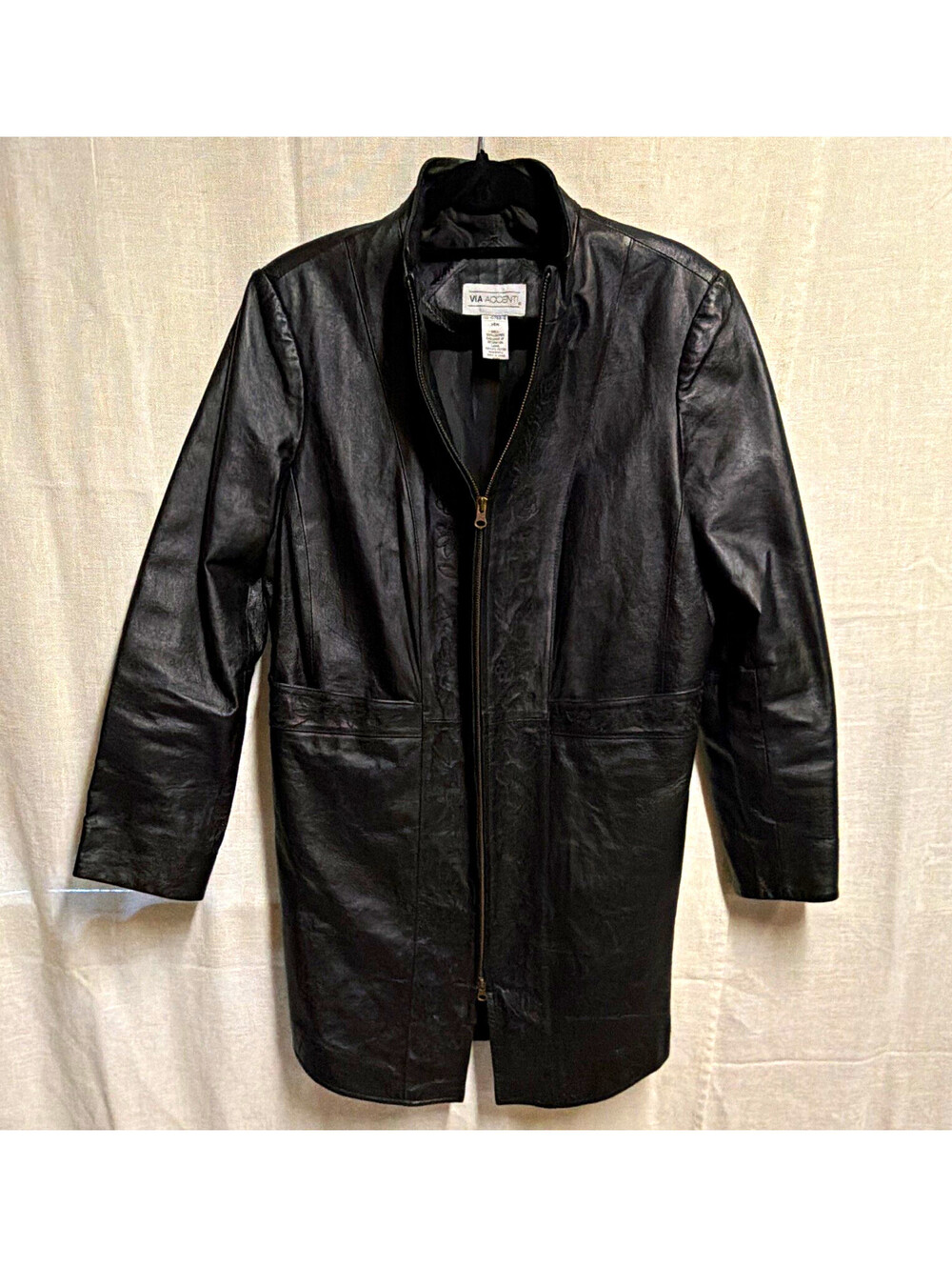 Via Accenti Womens Black Zip Front Leather Jacket w/ Pockets Mid-Length Size 14